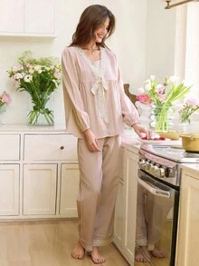 Snug Reverie Contrast Trim Collar Tie Bow Decor Long Sleeve & Pants Women Pajama Set, Fall Clothes - Baby Pink - View 1