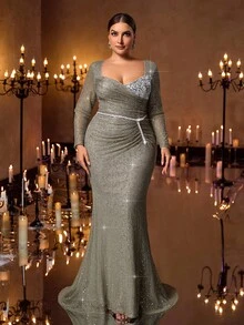Glamrae Elegantes luxuriöses Kleid in Große Größen mit Pailletten, Tüll und gerafftem Meerjungfrauensaum, geeignet für Hochzeiten, Partys, Urlaub, Galas und formelle Anlässe (starke Verzierung)