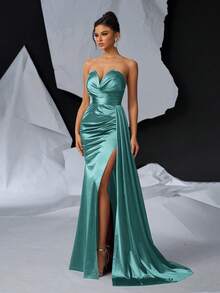 Glamrae 优雅奢华 V 领褶饰侧垂高开衩鱼尾长裙、晚礼服 - 薄荷藍 - 查看 6