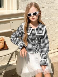 SHEIN Tween Girls Cute Houndstooth Collar Long Sleeve Short Jacket Top & White Mesh Skirt 2 Pieces Set, Comfortable Autumn/Winter Fall - Black - View 5
