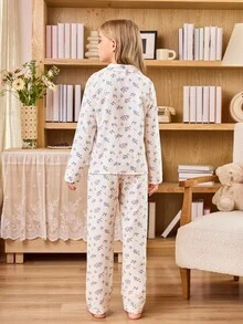 女童葡萄印花翻领长袖睡衣套装 - 米色 - 查看 2