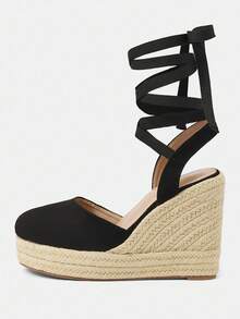 Styleloop Sandalias de plataforma con cuña tejidas en cuerda para mujer, adecuadas para fiesta, boda, uso diario, vacaciones, Halloween, Navidad, festival de música, otoño - Negro - Ver 2