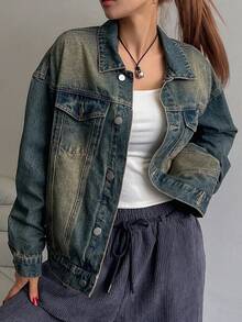 DAZY Women's Loose Distressed Washed Denim Jacket,Back To School Clothes