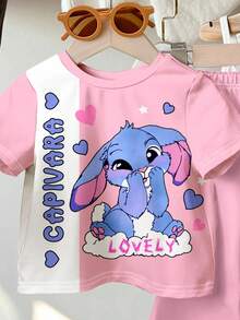 SHEIN Kawaii, Fall, Cute Cartoon Blue Rabbit Lulu, Pink Patchwork Print, Chill Chill, Young Girl Casual Minimalist Cartoon Pattern Round Neck Short Sleeve Top And Flare Pants 2 Pieces Set, Suitable For Summer, Outdoor Picnic, Outing, Street Style, Home, Bohemian - Multicolor - View 4