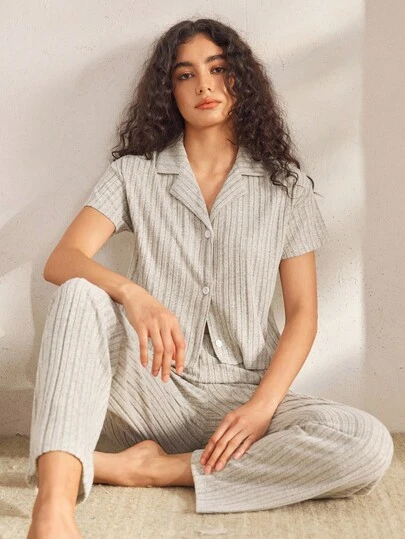 Ocili 女士纯色前扣短袖休闲夏季睡衣套装