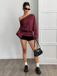 SHEIN EZwear Áo nỉ hở vai tay dài cổ lệch dành cho nữ, màu đỏ tía, thời trang thường ngày cho mùa tựu trường Thu/Đông - Màu Đỏ Sâu - Xem 6