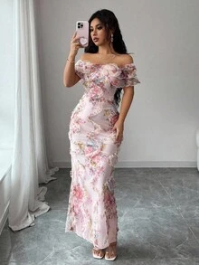 Elenzga Elegant Romantic Ruffle Off Shoulder Fitted Bodycon Dress With 3D Floral Mesh Fabric - Multicolor - View 1