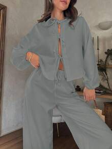 EURMUSE Set de două piese pentru femei, culoare solidă, cu mâneci balon, cu papion în față și croială largă - Gri deschis - Vizualizare 4