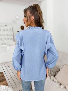 SHEIN LUNE Swiss Dot Ruffle Trim Lantern Sleeve Notched Neck Blouse,Long Sleeve Tops Fall Cloth For Women - Baby Blue - View 2