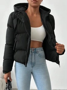 EURMUSE 小码女款拉链抽绳连帽羽绒冬季大衣 - 黑色 - 查看 3