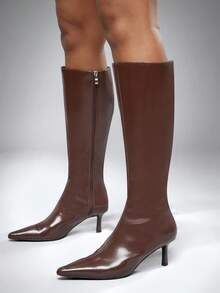 SHUZIA 女式中棕色高跟简约基本款休闲日常舒适PU巧克力色高跟靴 - 巧克力棕 - 查看 2