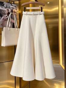 Franclia 新款秋冬加厚羊毛中长款高腰修身女裙 - 杏色 - 查看 2