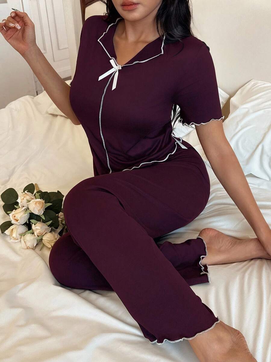 SHEIN Bộ 2 món áo sơ mi lụa sữa tay ngắn và quần dài cổ chữ V màu tím, thiết kế ngắn trước dài sau, kiểu dáng tối giản, thoải mái cho nữ, Côtesoire - Màu tím - Xem 1