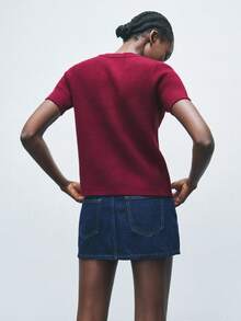 Maija Women's Metal Button Decor Short Sleeve Knit Cardigan, Urban Commute Business Casual Basic Top, Elegant Office, Party & Gathering Wear, Autumn/Winter - Burgundy - View 4