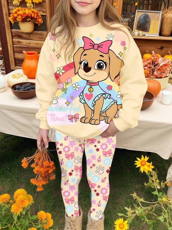 SHEIN Vintage Cute Puppy Print, Rainbow Bow Floral Autumn Vibe Tracksuit, Young Girl Casual Crew Neck Long Sleeve Sweatshirt And Leggings 2 Pieces Set, Suitable For Autumn/Winter Fall