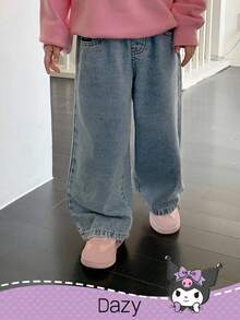 DAZY HELLO KITTY AND FRIENDS | SHEIN 少女字母卡通图案贴袋休闲牛仔裤 - 淺色水洗藍 - 查看 3