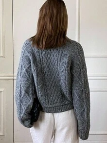 DAZY Áo len cổ tròn màu xám rộng rãi, thường ngày cho nữ, kiểu dáng cardigan, mùa thu/đông - Xám - Xem 2