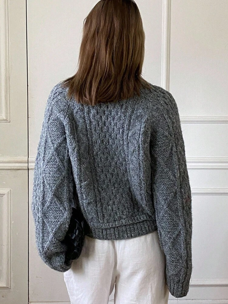 Women's Loose Casual Gray Crew Neck Sweater, Cardigan Style, Autumn/Winter