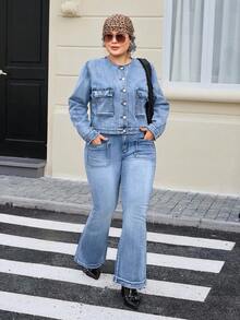 EMERY ROSE Áo khoác denim vừa vặn, cổ điển, thời trang dành cho nữ cỡ lớn - Rửa nhẹ - Xem 4