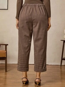 Zelara Plus Size Women Retro Plaid Casual Commuter Pants Plaid Pants Paper Bag Pants Brown Pants For Women Checkered Pants Cropped Plaid Pants Brown Pants All Clothes For Women Winter Clothes For Women Brown Pants Women's Winter Clothes Fall Clothes For Women Thanksgiving Outfit For Women Casual Dresses For Women Cropped Pants