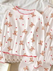 Genkimix Kids Tween Girls Pajama Set, White Base With Cute Cartoon Bear Print + Contrast Red Heart, Long Sleeve Top And Pants, Casual Loungewear Fall Winter Bear Pajamas Cute Pajamas - White - View 6