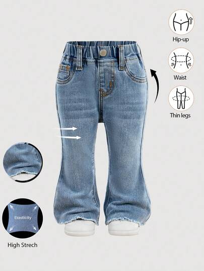 SHEIN Baby Girl Y2K Casual Washed Blue Flare Jeans,Bell Bottoms ,Vintage Bell Bottoms   Jeans,Tight Stretch Flared Pants,Autumn Clothes ,Fall Kid's  Casual And Comfortable  Wear Winter