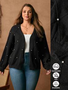 EMERY ROSE Plus Size Black Knitted Diamond Pattern Cardigan Jacket, Long Puff Sleeves, Faux Pearl Decoration, Spring, Autumn, Winter, For Woman - Black - View 4