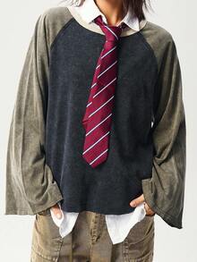 Bohemela Áo thun nữ tay dài dệt kim chắp vá Raglan rộng rãi, giặt thoải mái - Nhiều màu - Xem 3