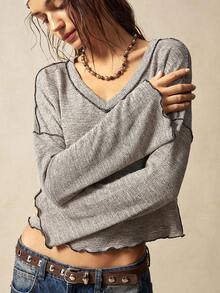 SHEIN BohoFeels Áo thun nữ tay dài cổ chữ V rộng rãi màu trơn đơn giản họa tiết tương phản phong cách Boho - Màu be - Xem 6