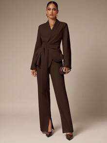 Silquee Áo khoác vest buộc eo màu trơn thanh lịch, thích hợp mặc đi làm thời trang thu đông cho nữ - Cà phê nâu - Xem 6