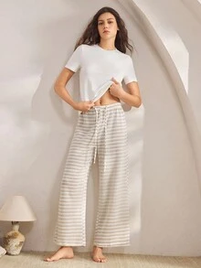 Ocili Women's Casual Striped Drawstring Waist Lounge Comfy Pants, Wide Leg Lounge Pants, Summer Pants, Winter - Multicolor - View 5