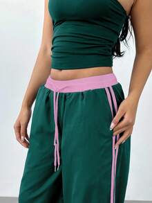 Aloruh Pantalones rectos de cintura baja con cordón, estampado de color contrastante a rayas, estilo deportivo para mujer