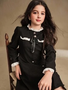 SHEIN 青少年女孩优雅复古荷叶边领扣前系带蝴蝶结装饰黑色长袖贴身迷你连衣裙，搭配秋冬夹克 - 黑色 - 查看 5