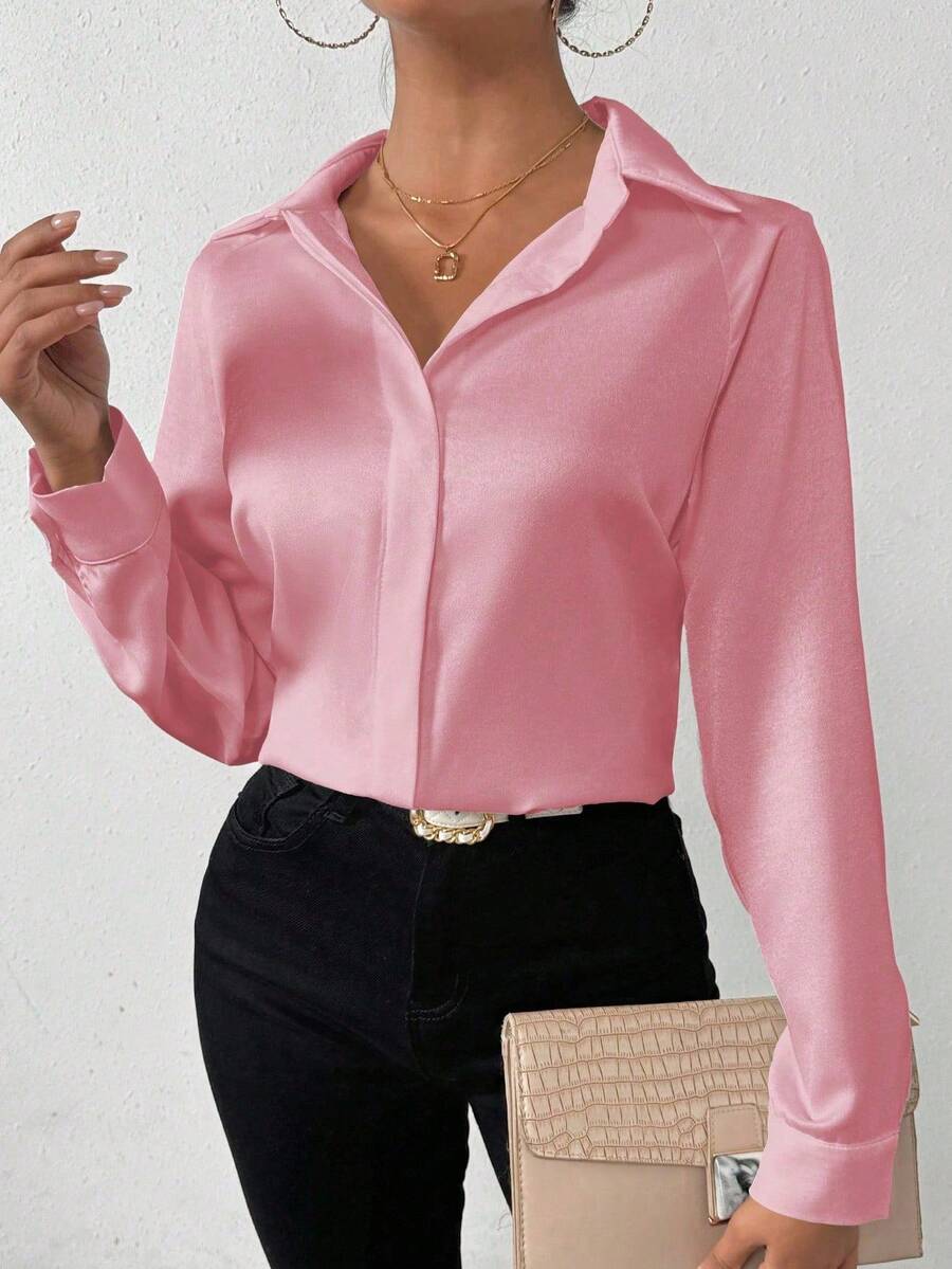 SHEIN PETITE Women's Solid Color Satin Simple Shirt With Asymmetric Hem - Pink - View 1