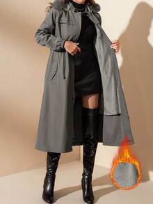 EURMUSE Dark Grey Long Hooded Parka With Faux Fur Trim - Dark Grey - View 1