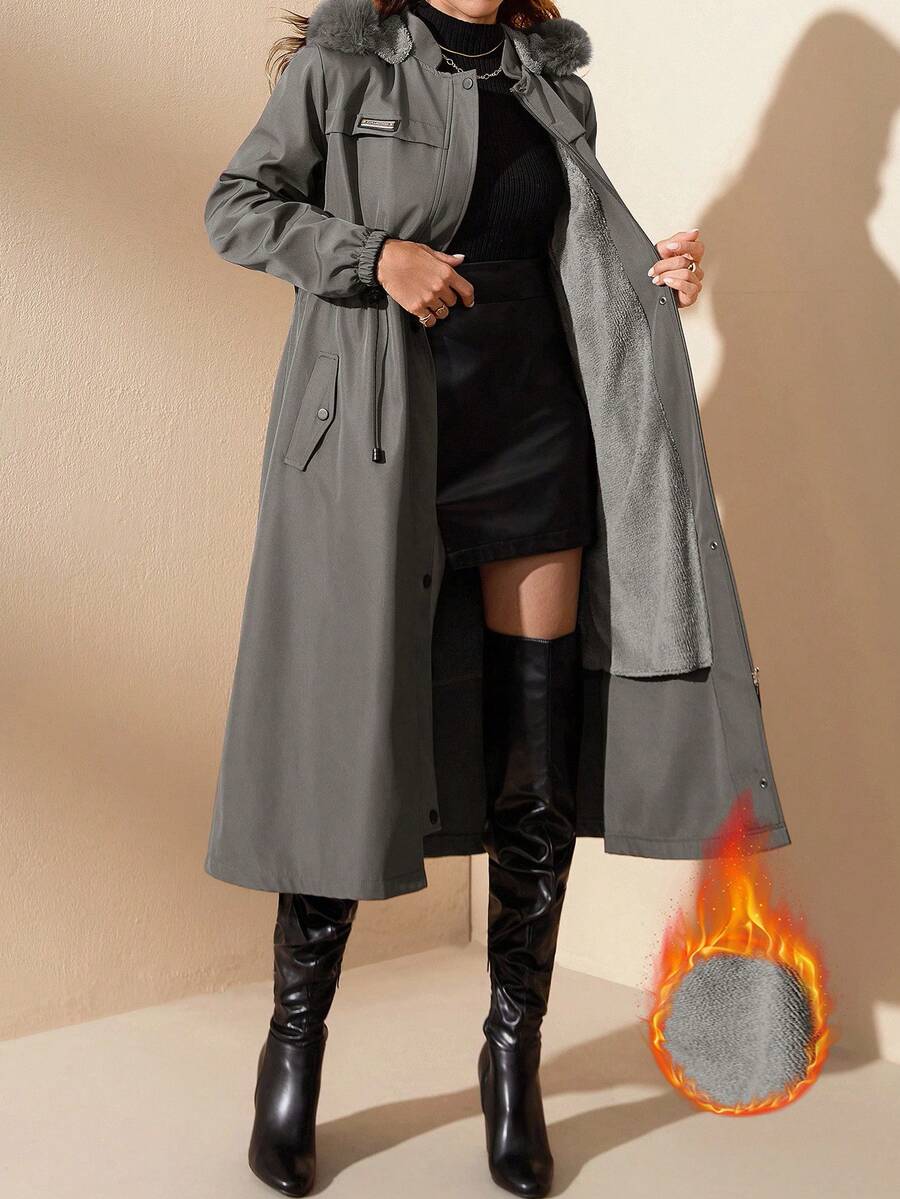 EURMUSE Dark Grey Long Hooded Parka With Faux Fur Trim - Dark Grey - View 1