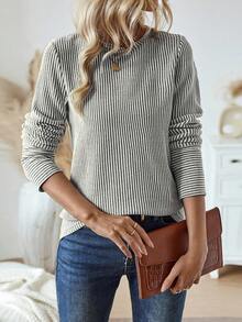 EMERY ROSE Áo thun nữ dáng rộng, cổ tròn, tay dài, kẻ sọc, thích hợp mặc mùa thu xuân. - Màu be - Xem 7