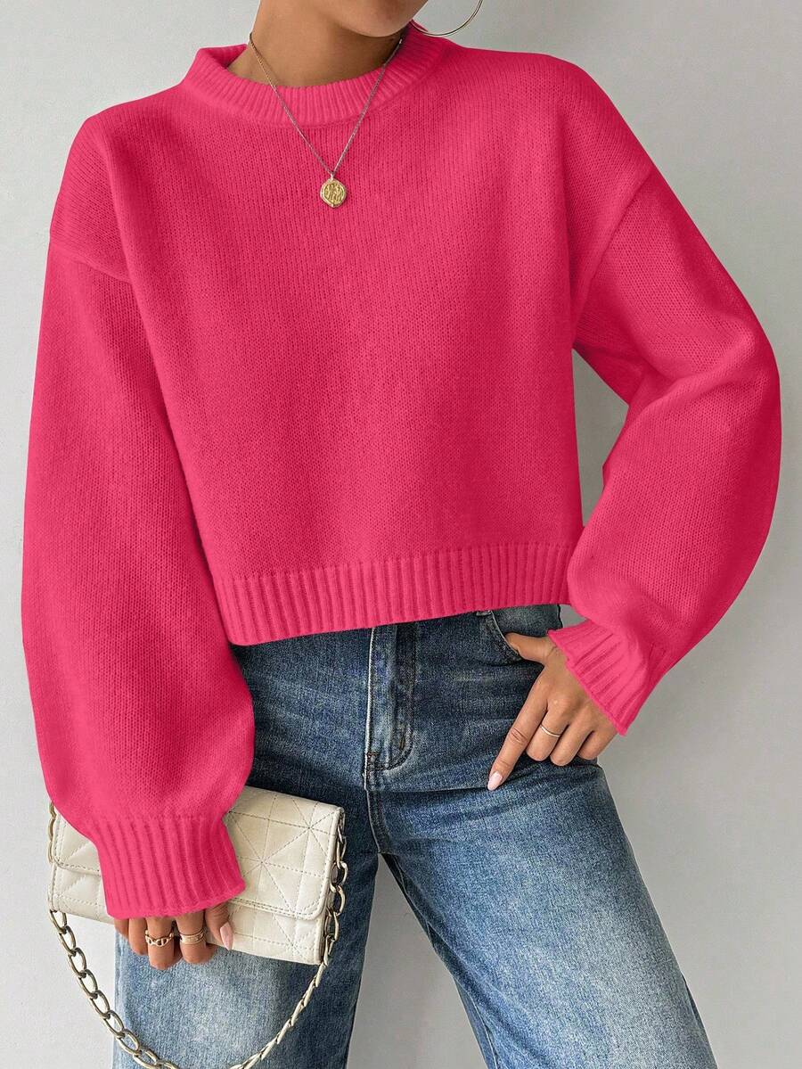 EMERY ROSE Women's Solid Color Simple Casual Crew Neck Long Sleeve White Sweater - Hot Pink - View 1
