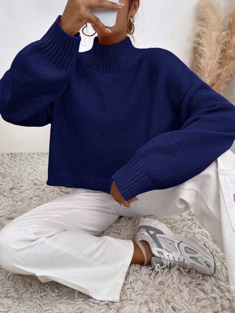 EURMUSE Mock Neck Drop Shoulder Sweater - Navy Blue - View 1