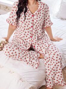 CottageSlumber Bubble Floral Print Open Front Collar Plus Size Pajama Set - Red - View 2