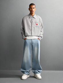 SUMWON Áo sơ mi kẻ caro cài nút tay dài cắt ngắn giản dị có nhãn đỏ, nhẹ nhàng, cổ điển, mặc hàng ngày - Màu xanh hải quân - Xem 7