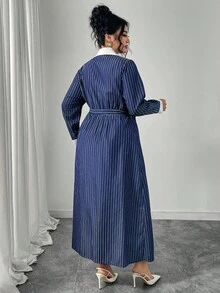 Modelyn Plus Size Women Elegant Striped Patchwork Pleated Long Shirt Dress - Blue - View 2
