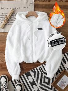 SHEIN Essnce Áo khoác nỉ hai mặt có khóa kéo, kiểu dáng tối giản, thêu chữ tiếng Anh, thích hợp cho mùa thu/đông, áo khoác nỉ có khóa kéo dành cho nữ. - Nhiều màu - Xem 4