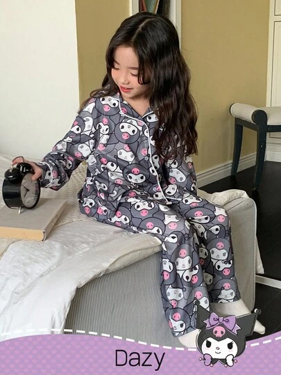 DAZY HELLO KITTY AND FRIENDS | SHEIN 少女舒适可爱卡通图案上衣和裤子睡衣套装，秋季