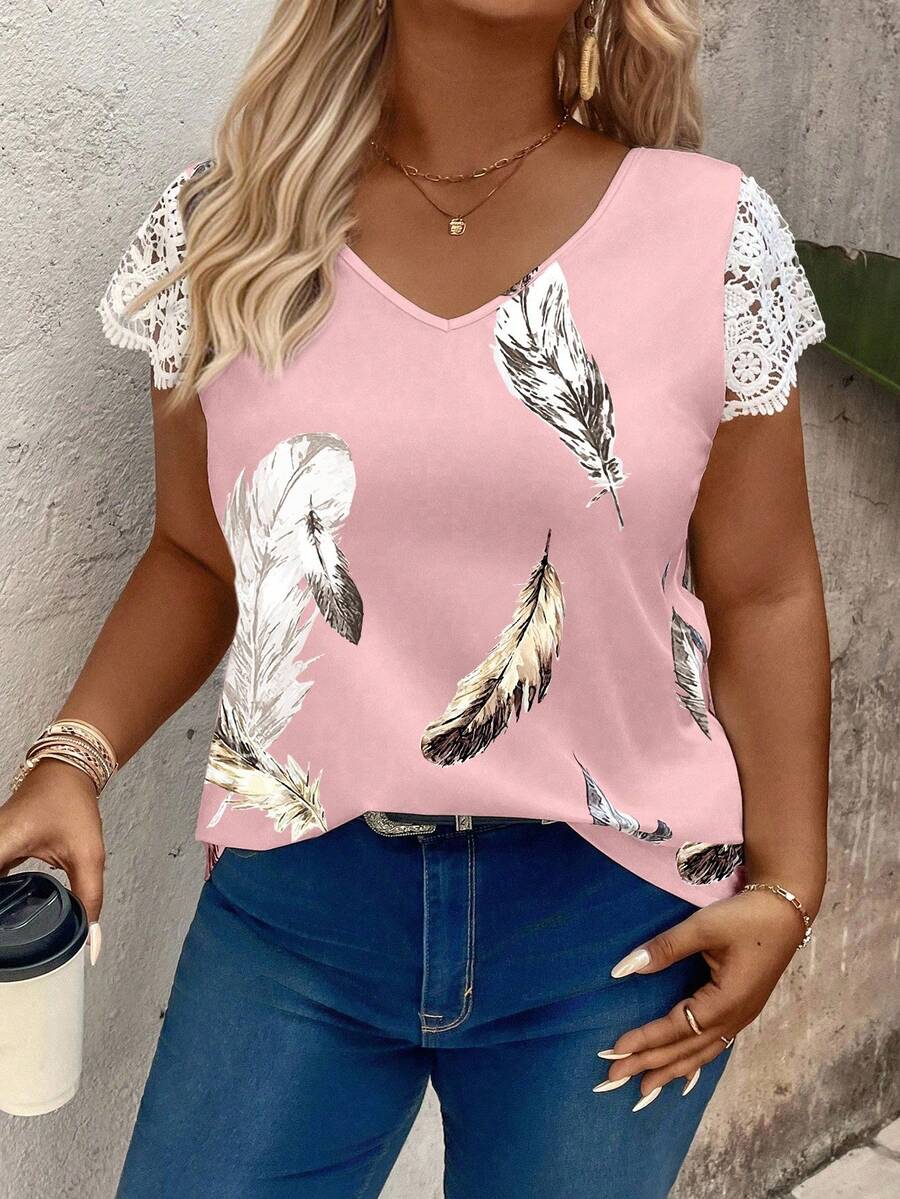 EMERY ROSE Camiseta versátil de mujer talla grande con cuello en V, parches, mangas y elementos de plumas, para primavera/verano - Multicolor - Ver 1
