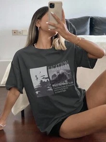 Livesso 宽松短袖圆领女式T恤，带图案字母印花，夏季，图案T恤 - 深灰色 - 查看 4