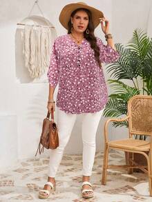 EMERY ROSE Plus Size Women's Early Spring 3/4 Sleeve Burgundy Printed Shirt