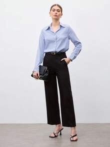 BizChic 女士蓝白条纹印花纽扣前长袖衬衫，时尚通勤衬衫，休闲衬衫，商务休闲衬衫，优雅女士正装上衣 - 藍色 - 查看 4