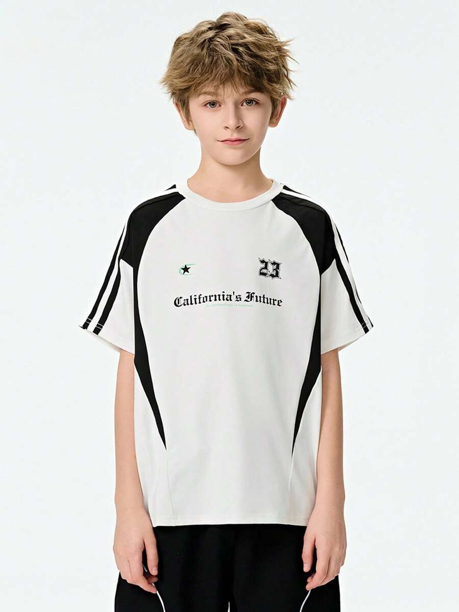 SHEIN Explorewe Camiseta de manga corta con estampado gráfico de letras y bloques de color para niño preadolescente - Blanco - Ver 1