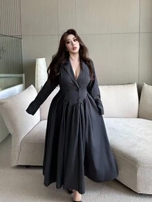 Flirla Plus Size Women Casual Cinched Waist Gray Long Sleeve Jacket